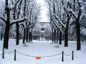 Il piazzale dell'oratorio imbiancato di neve (foto da http://www.comune-italia.it/foto-trecate.html)